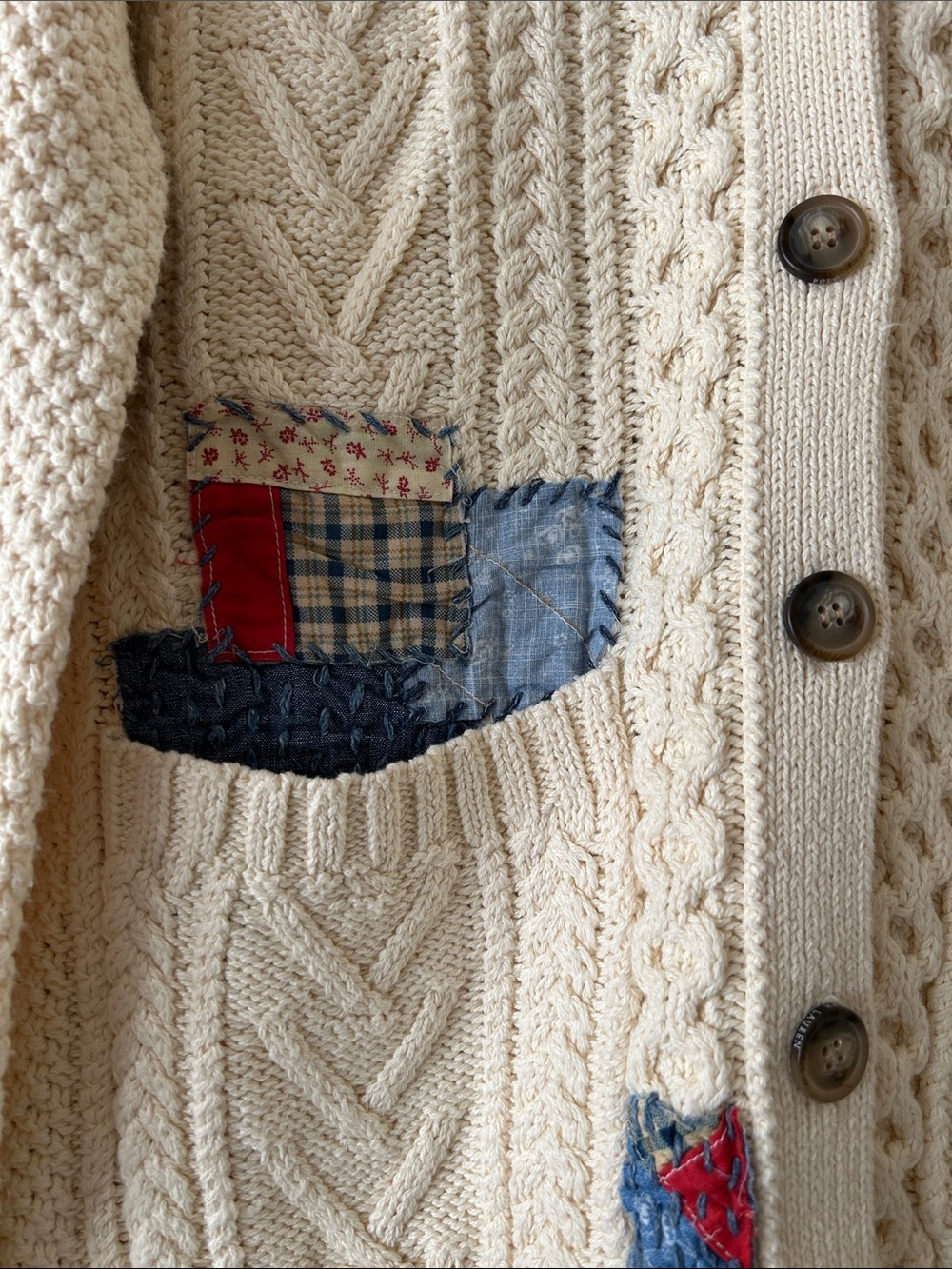 Rare Polo Ralph Lauren Women’s Cotton Cable Patchwork Cardigan Pockets Elbow M - Picture 4 of 14